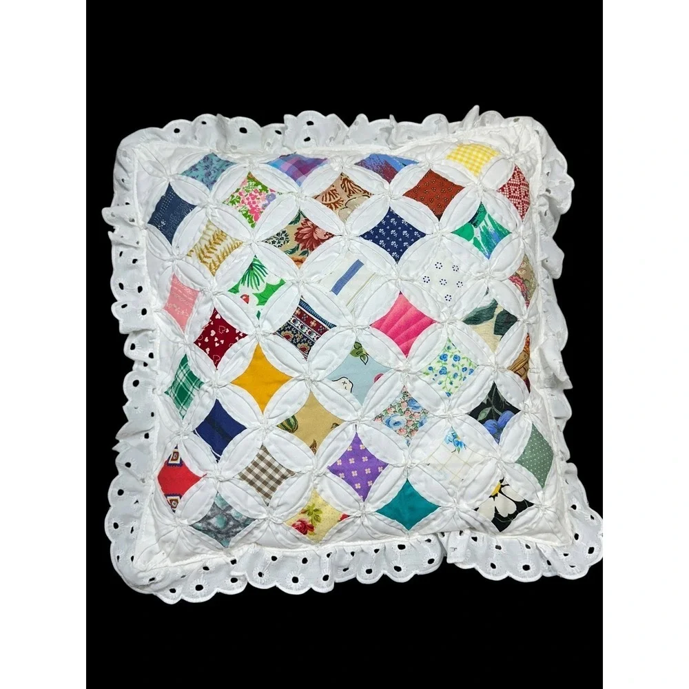 Vtg Handmade Cathedral Window Quilt Pillow 12x12 Double Side Eyelet trim grandma